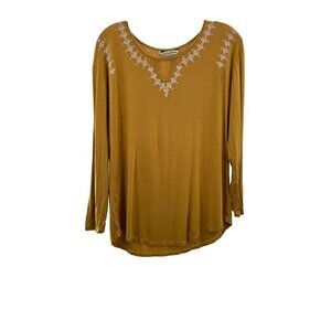 Anitex Women's Long Sleeve Mustard/White Embroidered Keyhole Top Size Medium